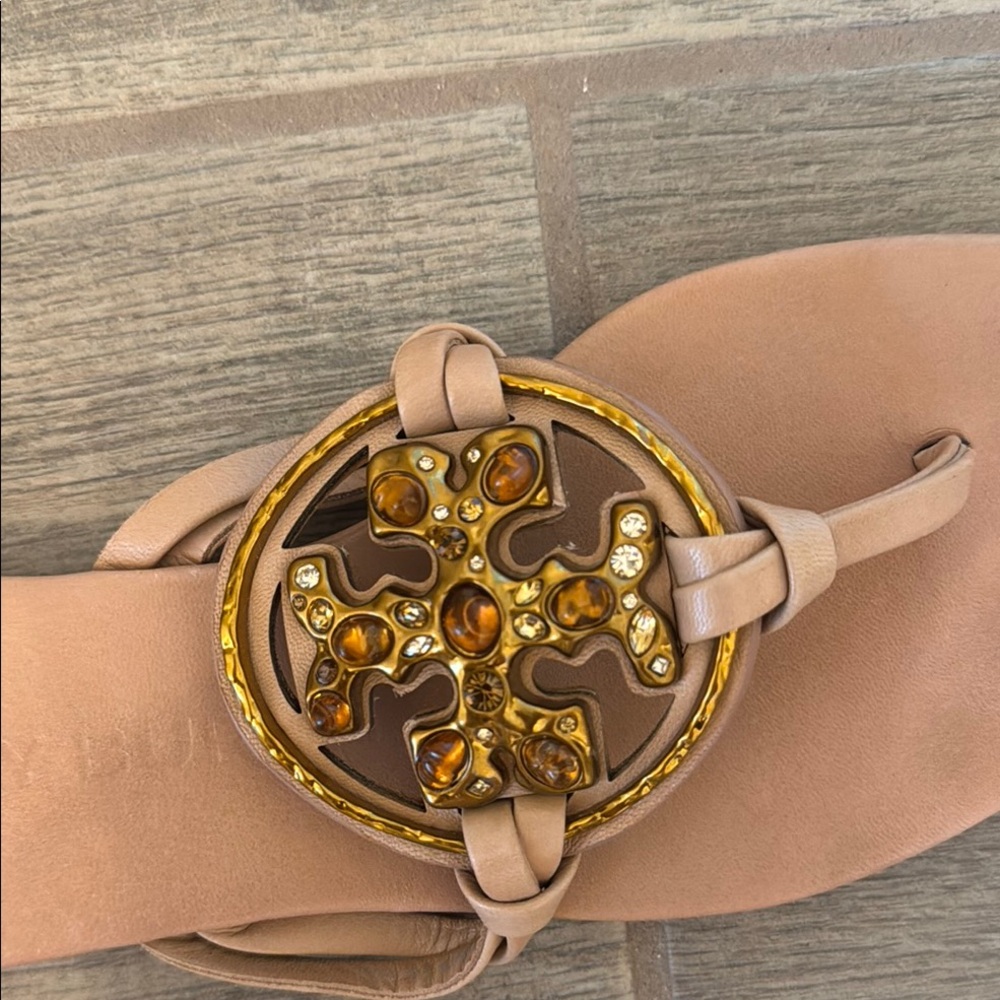 Tory Burch  MillerGold Tan Sandals with Medallion jewels - Picture 11 of 13